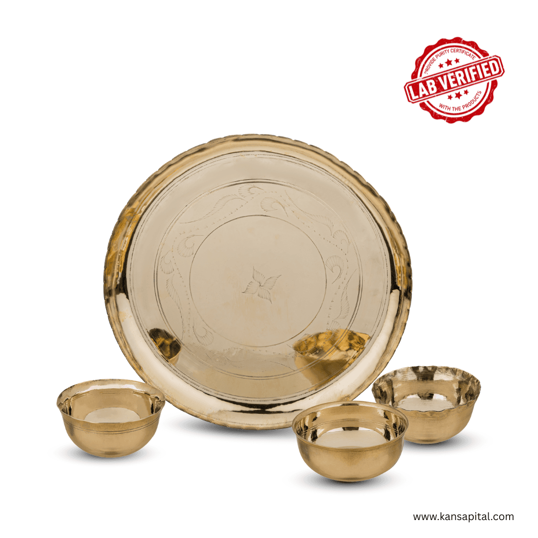 Pure Bronze Dinner Thali Set| 1 Plate (12 inch), 3 Bowls | Lab verified Dinner Set  (Gold) | 1.2 KG