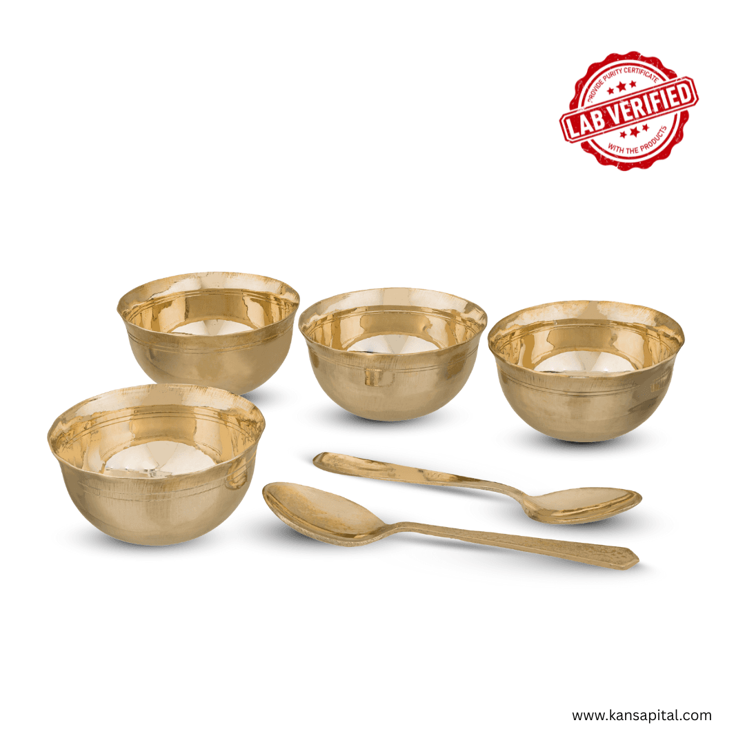 Pack of 6 Bronze Kansa Bowls | 4 Luxury Bowls & 2 Spoons | Lab Verified Utensils | 850 gm 